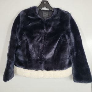 Saks Fifth Avenue Faux Fur Navy and White Teddy Coat